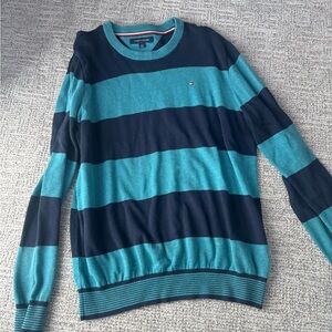 Tommy Hilfiger Men's Teal and Navy Striped Crewneck Sweater